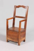 A WALNUT BOX CHAIR, 17TH CENTURY AND LATER, with panelled sides. 104cm high.