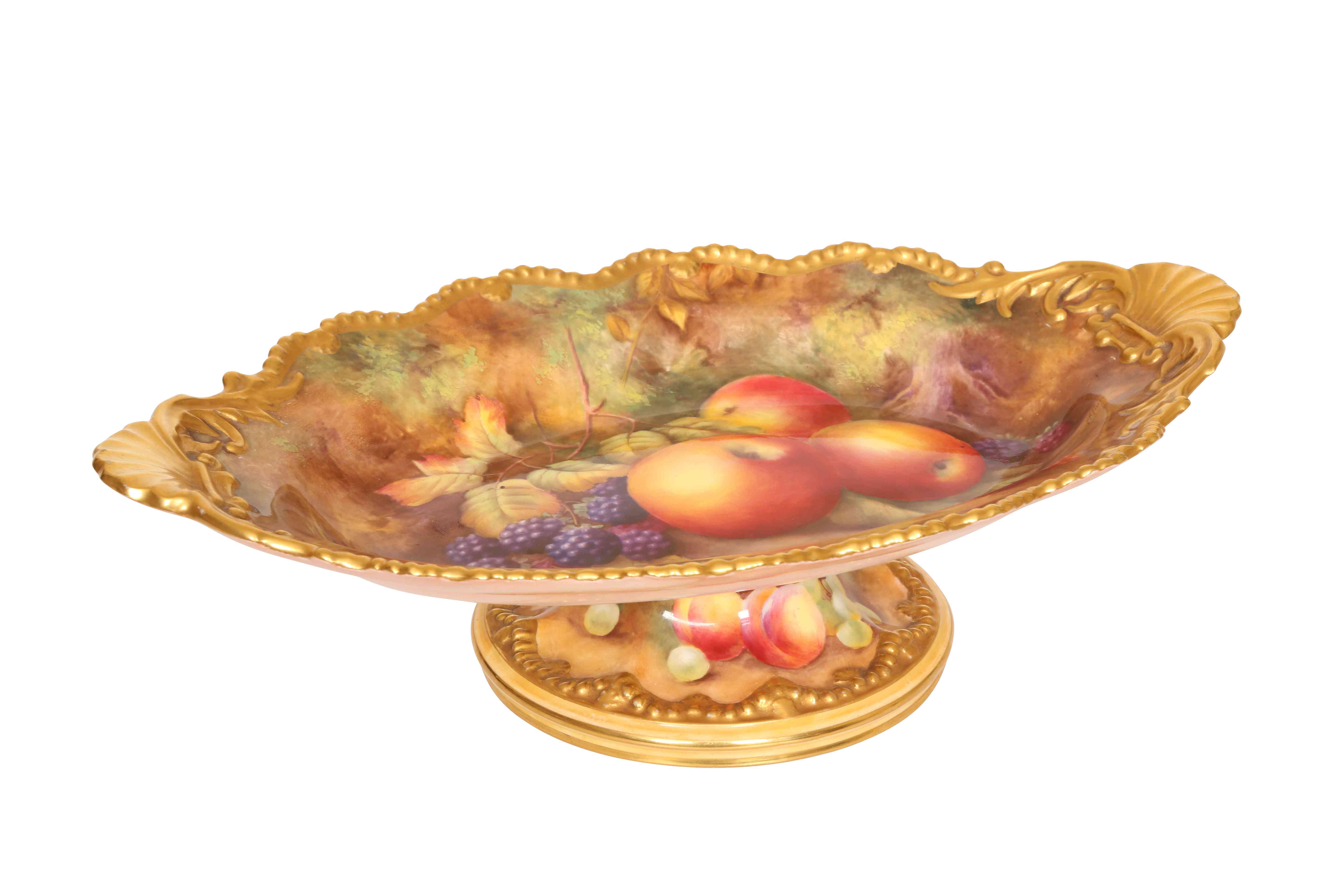 A ROYAL WORCESTER FRUIT PAINTED PORCELAIN COMPORT, signed Horace Price, oval, decorated with apples,