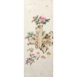 A CHINESE PORCELAIN PANEL, painted with planted jardinieres, peaches and peonies, in a wooden frame.