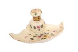 A LATE 19th CENTURY PORCELAIN INKSTAND, matt glazed and painted with floral spray,