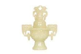 A CHINESE GREEN HARDSTONE CENSER, the domed cover surmounted by twin bird finials,