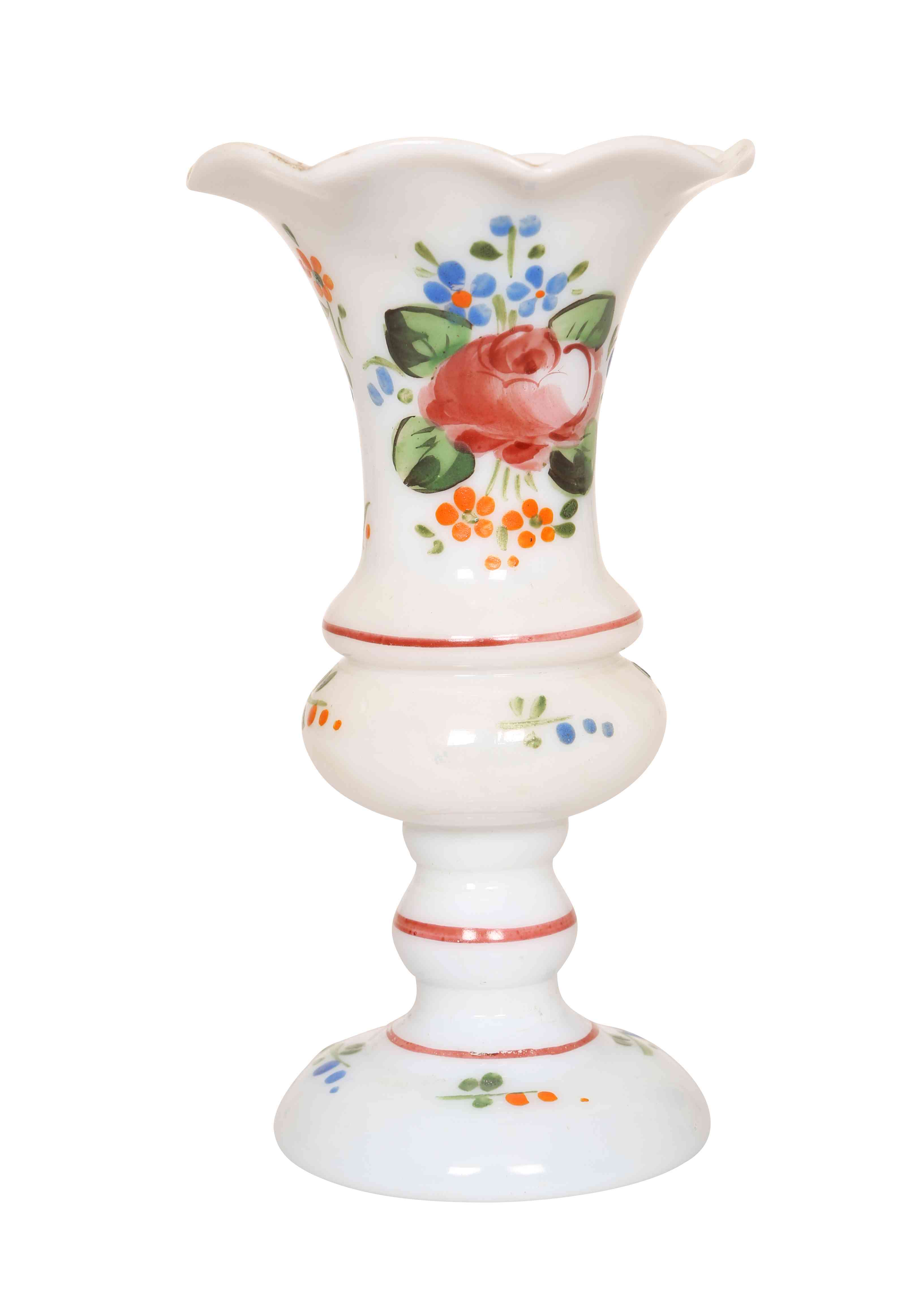 A 19th CENTURY ENAMEL PAINTED SMALL MILCH GLASS VASE, with flared scalloped rim,