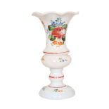 A 19th CENTURY ENAMEL PAINTED SMALL MILCH GLASS VASE, with flared scalloped rim,