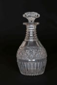 AN EARLY 19th CENTURY CUT-GLASS DECANTER, with scalloped stopper and stepped neck,