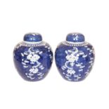 A PAIR OF CHINESE BLUE AND WHITE PORCELAIN COVERED JARS, decorated with prunus,