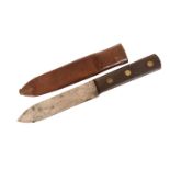 A 19th CENTURY "GREEN RIVER" KNIFE, with Sheffield blade, wooden hilt and leather sheath. Blade 12.