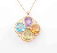 A MULTI GEM SET PENDANT, the four pear cut gem stones, to include citrine, amethyst and peridot,