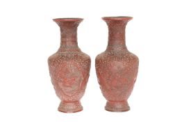 A PAIR OF CHINESE CINNABAR LACQUER VASES, 19th CENTURY, of baluster form,