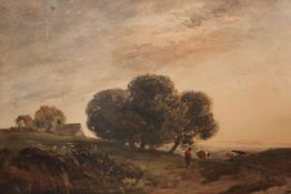 ATTRIBUTED TO DAVID COX (1783-1859), FARMER AND CATTLE IN A LANDSCAPE, unsigned, watercolour,