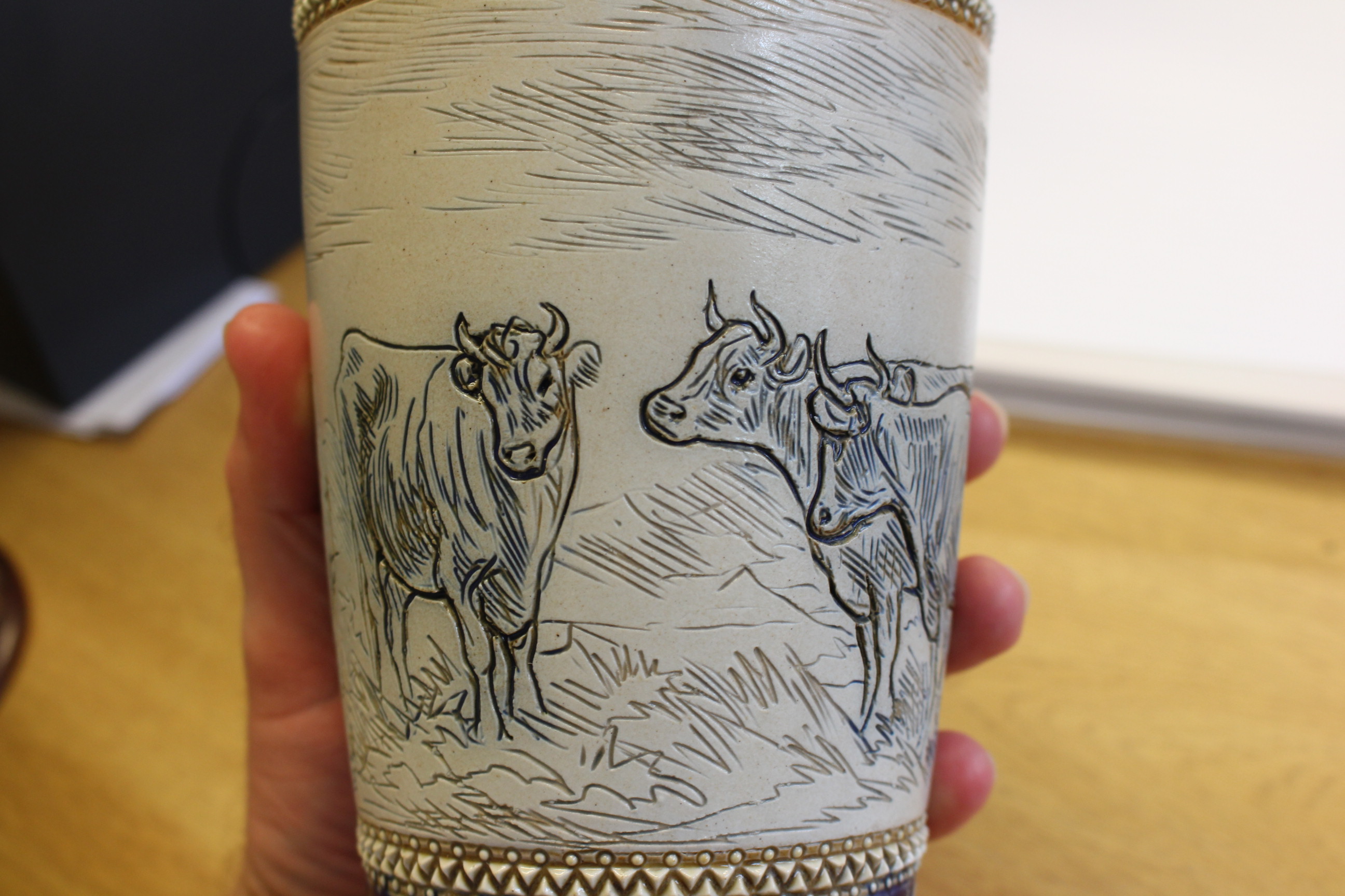 HANNAH BARLOW A DOULTON LAMBETH VASE, sgraffito decorated with cattle, impressed and incised marks. - Image 5 of 8