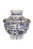A LARGE CHINESE YUAN STYLE BLUE AND WHITE VASE, with moulded mask handles,