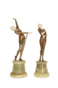 A PAIR OF ART DECO BRONZE AND IVORY FIGURES OF DANCERS, on green onyx plinth bases, unsigned.