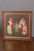 AN EMBROIDERED TRAPUNTO OF THE ROYAL COAT OF ARMS, in an oak frame.