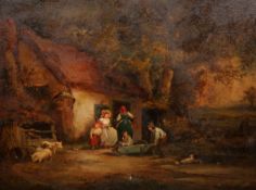 MANNER OF GEORGE MORLAND (1763-1804), FAMILY BY THATCHED COTTAGE, with pigs, ducks and dog,