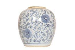 A CHINESE BLUE AND WHITE PORCELAIN JAR, of ovoid form,