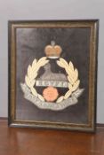 AN EMBROIDERED TRAPUNTO FOR THE EAST LANCASHIRE REGIMENT, with Egypt tablet below a sphinx,