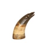 A HORN CUP, the zoomorphic terminal carved with bared teeth.