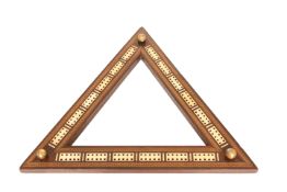 A 19th CENTURY TUNBRIDGE WARE TRIANGULAR CRIBBAGE BOARD,