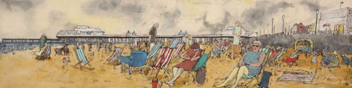 TOM MCGUINNESS (1926-2006), ON BLACKPOOL BEACH, signed and dated 76 lower right, watercolour,