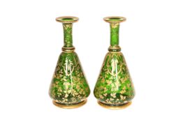 A PAIR OF BOHEMIAN GREEN GLASS FLASK-FORM VASES, LATE 19th CENTURY,