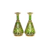 A PAIR OF BOHEMIAN GREEN GLASS FLASK-FORM VASES, LATE 19th CENTURY,