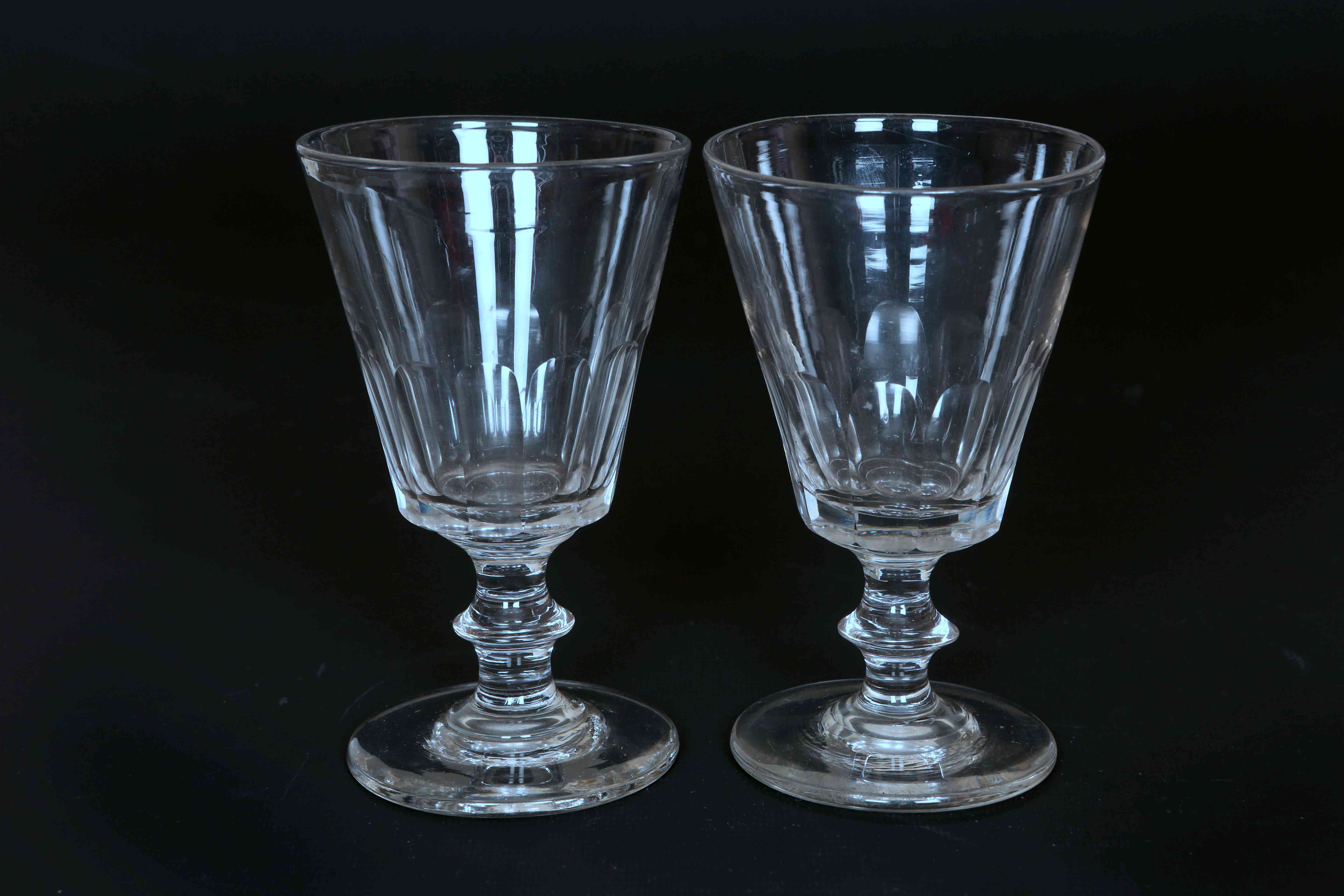 A PAIR OF LATE 18th CENTURY GLASS RUMMERS, each with part panelled bucket bowl,