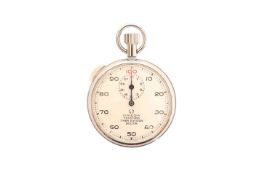 AN OMEGA CHROME-CASED STOPWATCH, with slide stop/start, white enamel dial with Arabic numerals,