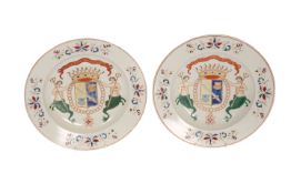 A PAIR OF CHINESE ARMORIAL PLATES, each enamel painted with the motto SPERO IN DEUM in a banner,