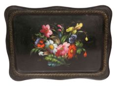 A VICTORIAN FLORAL PAINTED TOLE TRAY, of picture frame outline.