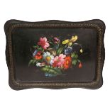 A VICTORIAN FLORAL PAINTED TOLE TRAY, of picture frame outline.