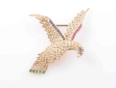 A SEED PEARL, EMERALD, RUBY AND SAPPHIRE BROOCH, modelled as a bird in flight,