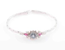 AN AQUAMARINE, DIAMOND AND RUBY BRACELET,