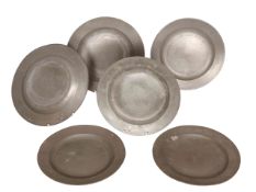 A GROUP OF SIX ENGLISH PEWTER PLATES, 18th/19th CENTURY, marks including crowned "X", "London" etc,
