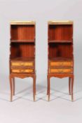 A SMALL PAIR OF BRASS-MOUNTED AND MARBLE-TOPPED BOOKCASES, each fitted with two drawers,