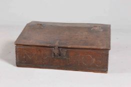 AN EARLY 18TH CENTURY BIBLE BOX, carved with the date 1703 and MP,