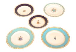 FIVE ENGLISH PORCELAIN ARMORIAL PLATES, 19th CENTURY, including Worcester and Minton,