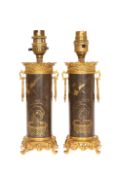 A PAIR OF MAPPIN & WEBB LATE 19th CENTURY GILT-METAL MOUNTED TABLE LAMPS IN THE JAPONESQUE TASTE,