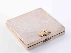 TIFFANY & CO AN ART DECO COMPACT, square with jewelled motif applied to the sunburst engraved cover,