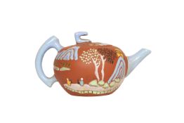 A SMALL CHINESE YIXING TEAPOT, brightly decorated in coloured enamels with figures,