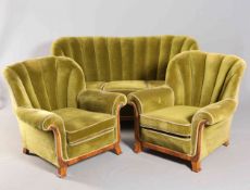 AN ART DECO WALNUT FRAMED LOUNGE SUITE, comprising settee and a pair of chairs,