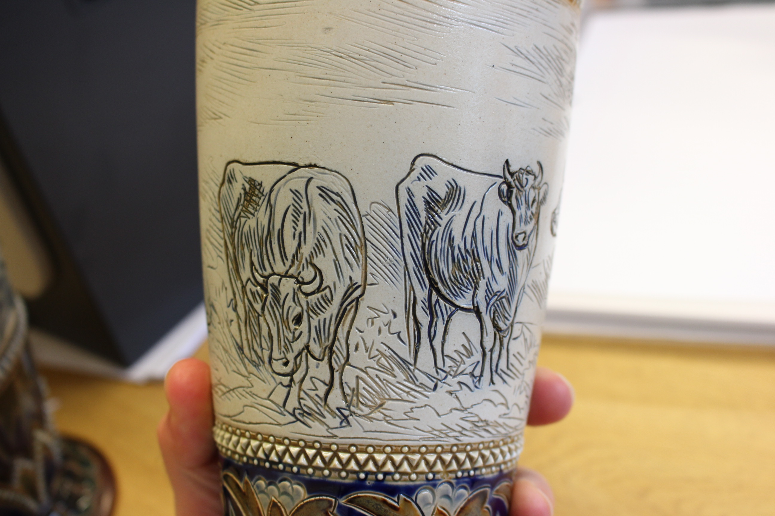 HANNAH BARLOW A DOULTON LAMBETH VASE, sgraffito decorated with cattle, impressed and incised marks. - Image 4 of 8