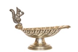 A SILVER-PLATED NUT DISH, LATE 19th CENTURY, modelled as a stylised shell, with squirrel surmount,
