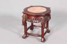 A CHINESE HARDWOOD AND MARBLE-INSET JARDINIERE STAND, CIRCA 1900, with ball and claw feet.