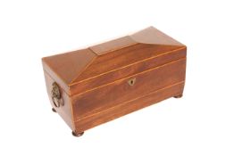 AN EARLY 19th CENTURY STRING-INLAID MAHOGANY TEA CADDY, of sarcophagus form,