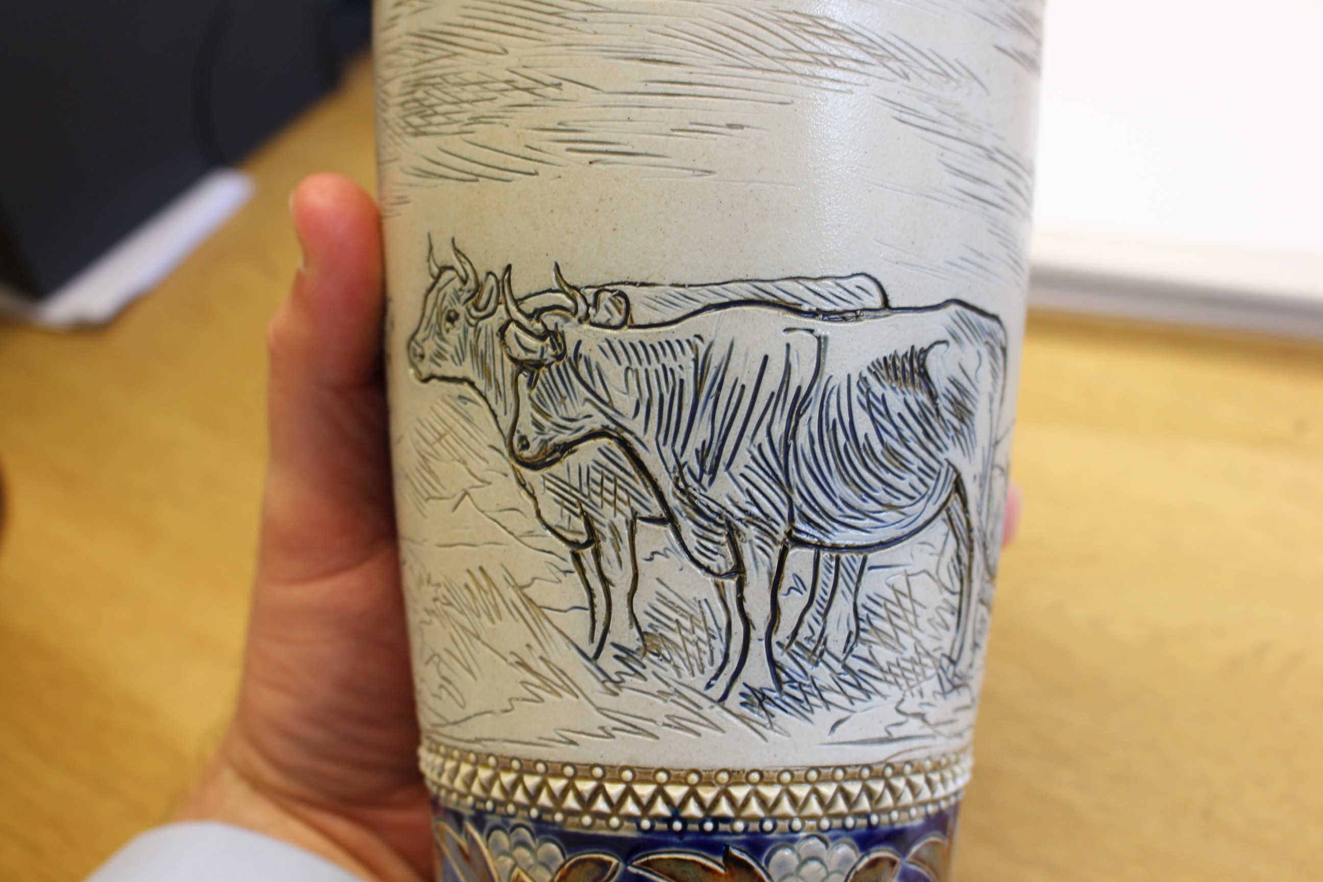 HANNAH BARLOW A DOULTON LAMBETH VASE, sgraffito decorated with cattle, impressed and incised marks. - Image 6 of 8