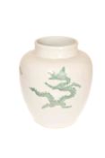 A LARGE CHINESE GREEN ENAMELLED DRAGON JAR, decorated with three dragons,