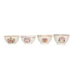 FOUR CHINESE ARMORIAL PORCELAIN TEA BOWLS, QIANLONG PERIOD, each with a differing coat of arms (4).