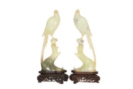 A PAIR OF CHINESE CARVED JADE MODELS OF GOLDEN PHEASANTS,