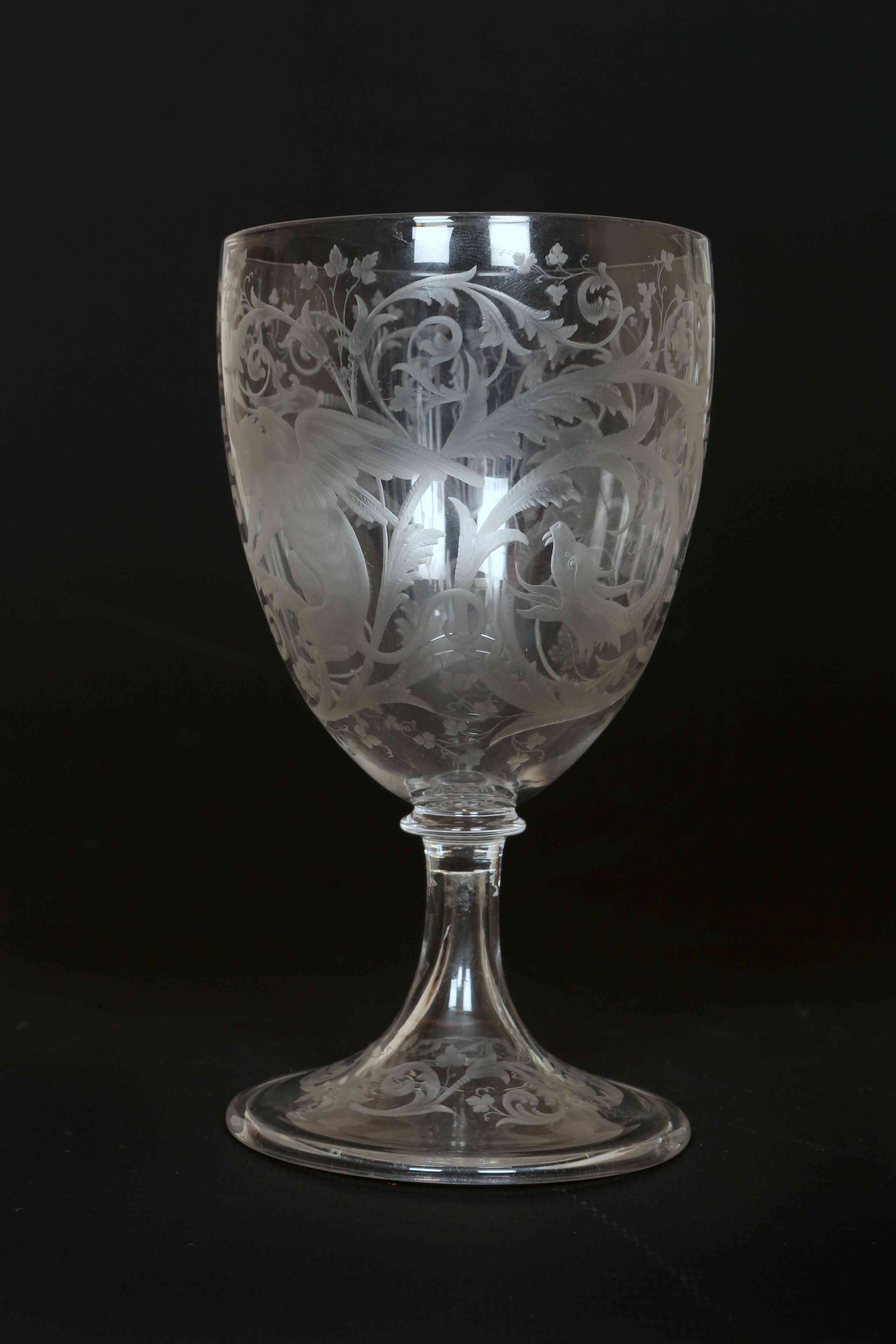 A SMALL ETCHED GOBLET OR ALE GLASS, 19th CENTURY, decorated with exotic beasts and foliate scrolls,