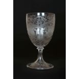 A SMALL ETCHED GOBLET OR ALE GLASS, 19th CENTURY, decorated with exotic beasts and foliate scrolls,